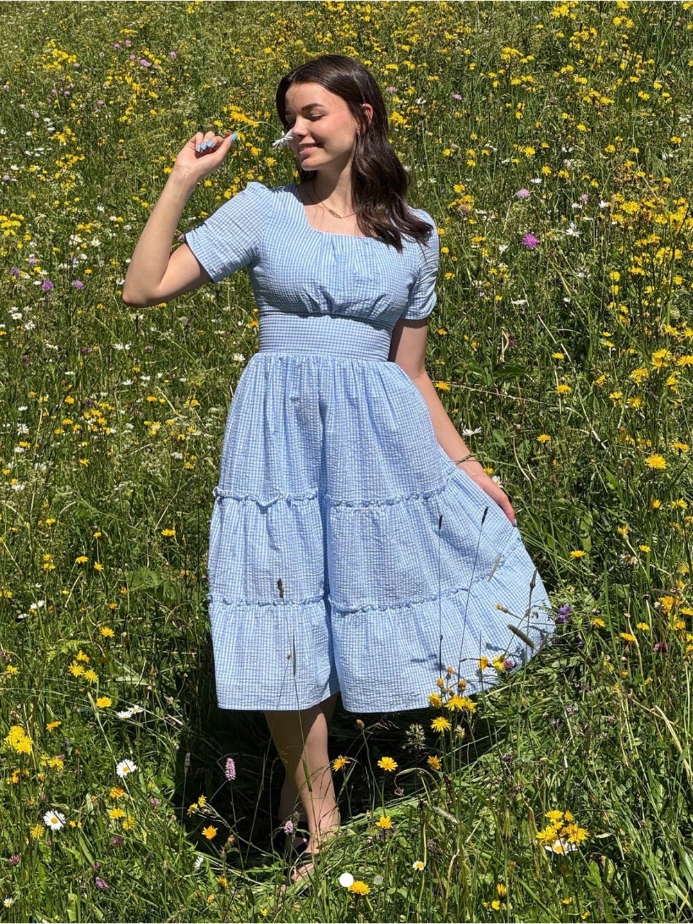 Gathered Gingham Midi Dress in Light Blue